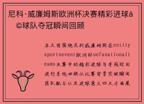 尼科·威廉姆斯欧洲杯决赛精彩进球助球队夺冠瞬间回顾 尼科·威廉姆斯欧洲杯决赛精彩进球助球队夺冠瞬间回顾